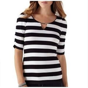 WHBM STRIPED SHIRRED ELBOW SLEEVE TOP